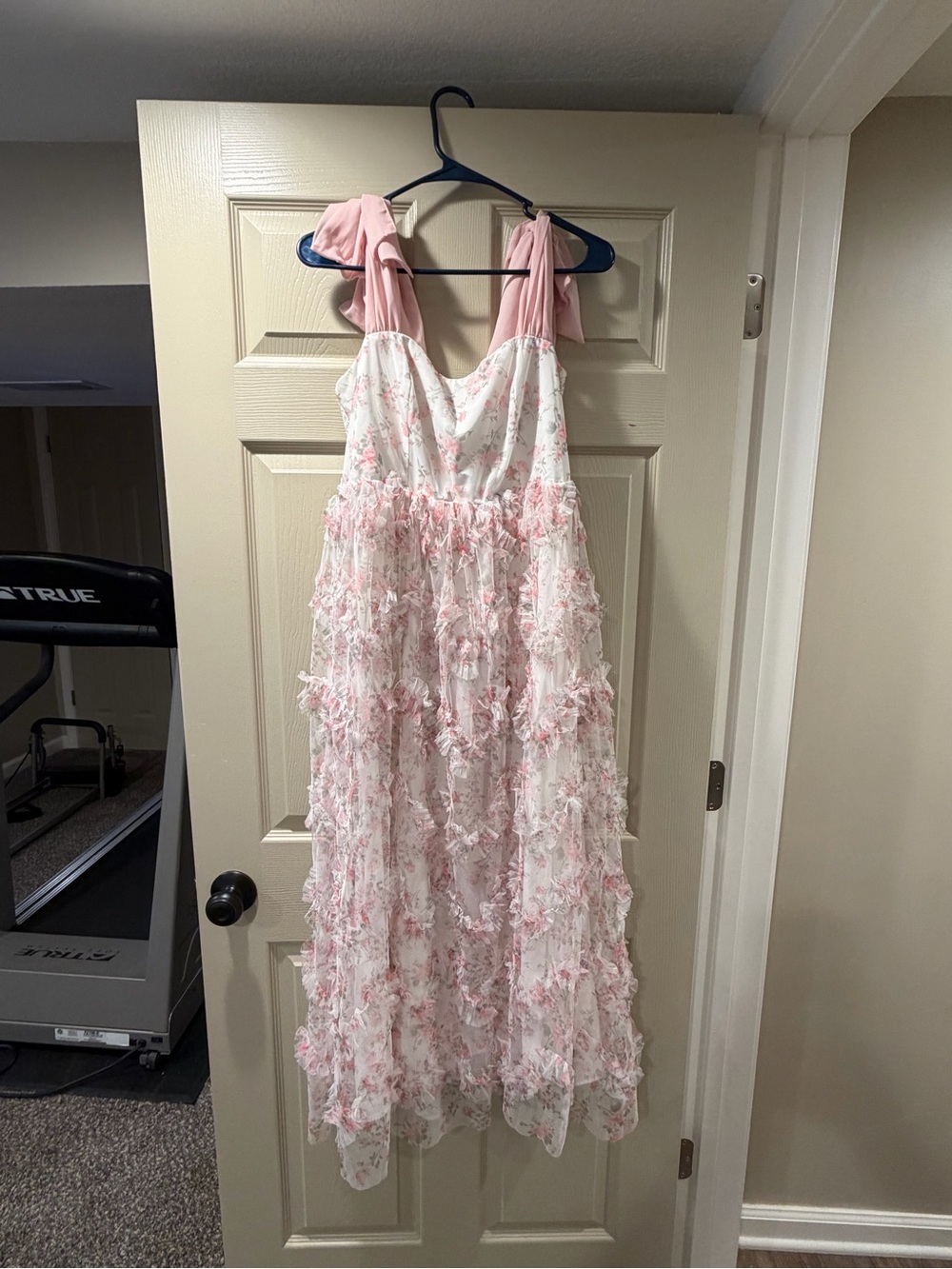 Pink and White Floral Tiered Maxi Dress with Tie Straps